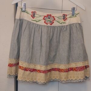 Pura Vida Mini Short Skirt Size 8 Layers Ticking Embroidered Stripe Floral Boho